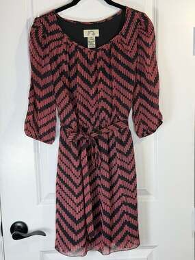 Sweet Storm Pink and Black Chevron Chiffon 3/4 Sleeve Fit and Flare Dress
